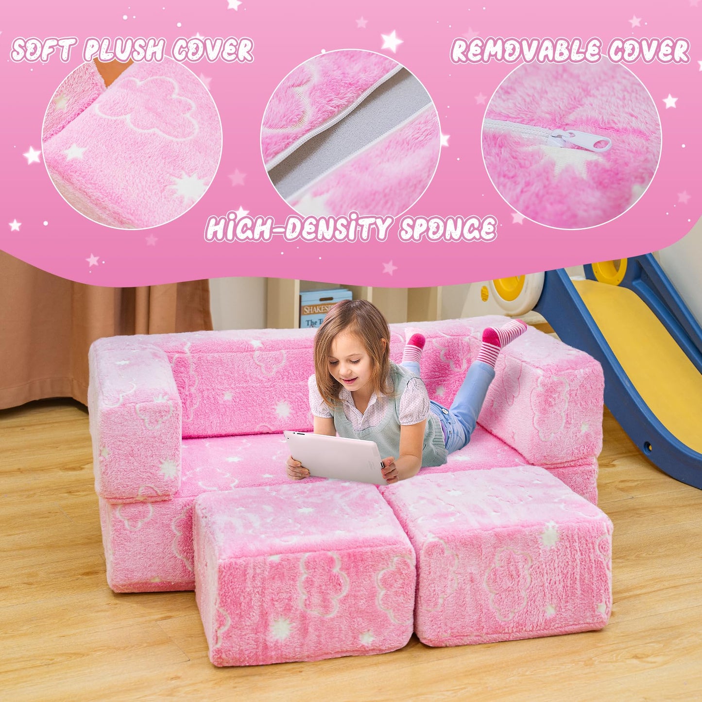 furlinkhm Toddler Couch, Glow in The Dark Kids Play Couch Toddler Fold Out Couch, Kids Fold Out Couch for playroom, Convertible Baby Fold Out Play Foam and Floor Cushion for Bedroom, Pink+Clouds