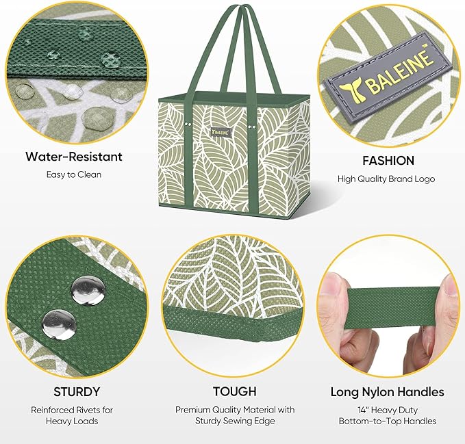 BALEINE 3Pk Reusable Grocery Bags, Foldable Shopping Bags for Groceries with Reinforced Bottom & Handles (Antique Foliage)