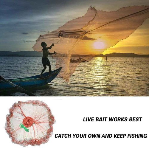 Nylon Monofilament Cast Net, American Style Hand Throwing Fishing Net with Iron Chain Weights for Saltwater and Freshwater, 3/8 Inches Mesh12FT…