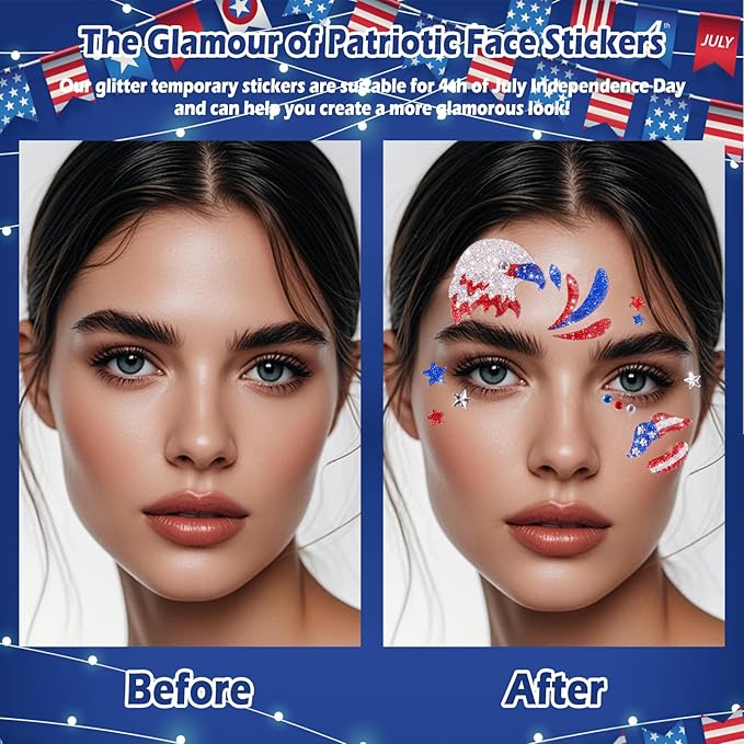 Yosca 6Pcs Independence Day Temporary Tattoos, Red White Blue Patriotic Glitter Face Stickers, Self Adhesive Star Face Art Sticker for 4th of July Memorial Day Veterans Day USA Flag Party