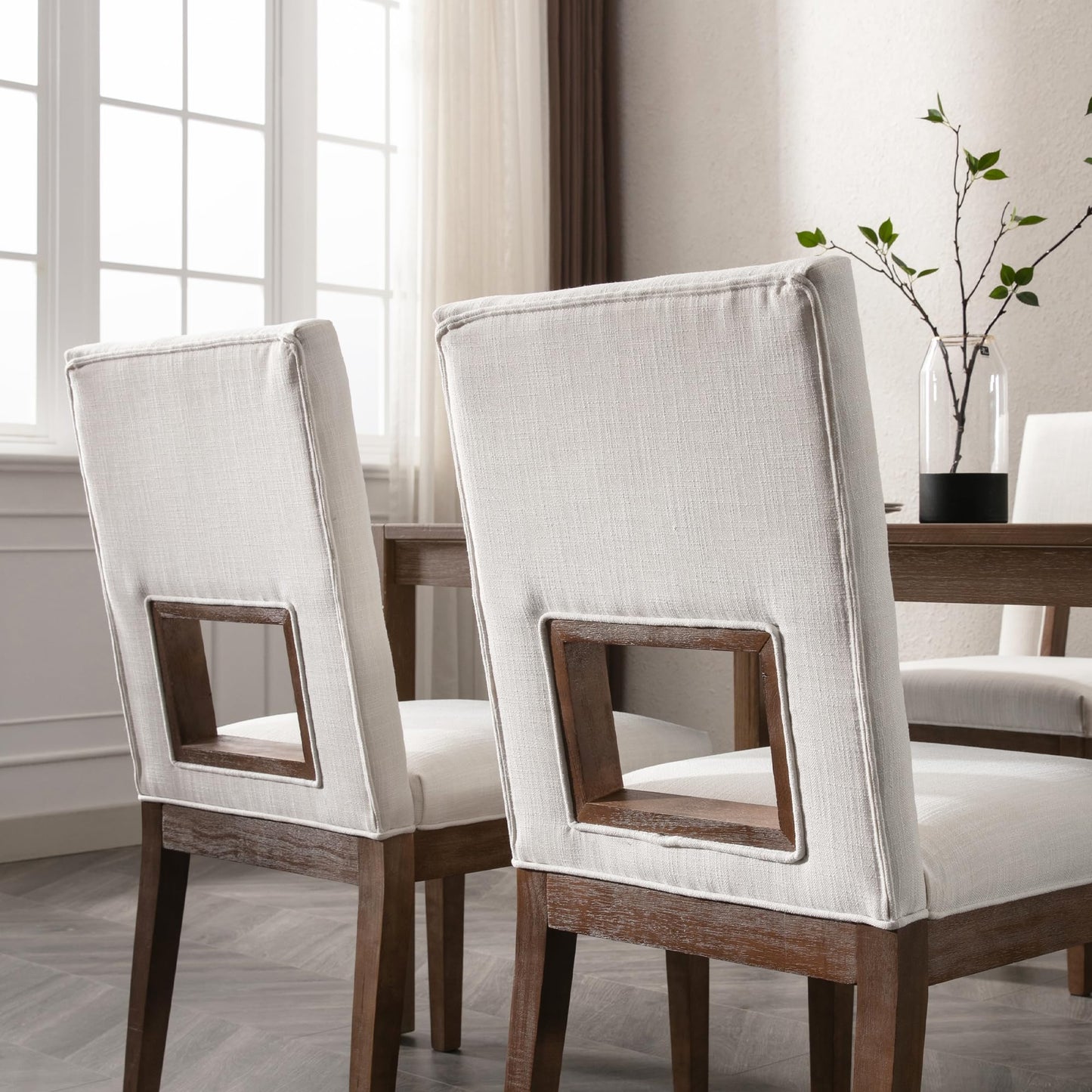 LZAREAL Modern Farmhouse Dining Chairs with Open Back Set of 4 Upholstered Linen Wood Dining Room Chair with Back Wooden Chairs for Restaurant Dining Room Kitchen, White