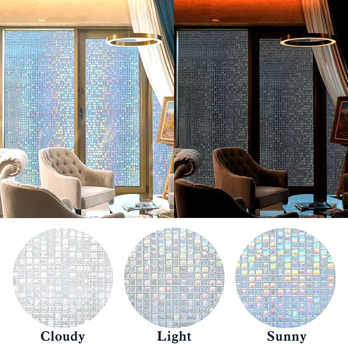 Privacy Window Film Stained Glass Non-Adhesive Rainbow Window Film Home Decorative Vinyl Static Cling Window Stickers Window Covering for Glass Door Bedroom Office 35.4 Inch x 13.1 Feet