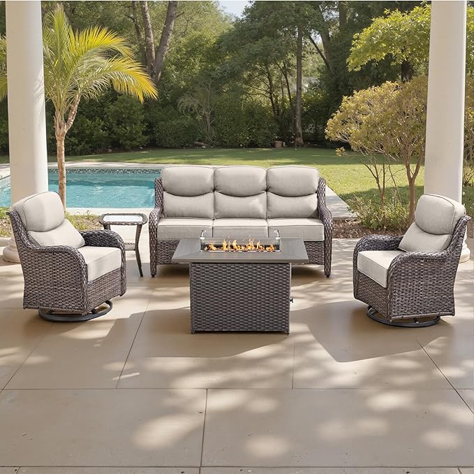 Belord Luxury 6" Thick Cushioned 5 Pieces Patio Furniture Set with Fire Pit Table, Wicker Outdoor Conversation Set with High Back Swivel Rocker Chairs for Deck Porch Yard and Poolside - Brown+Beige
