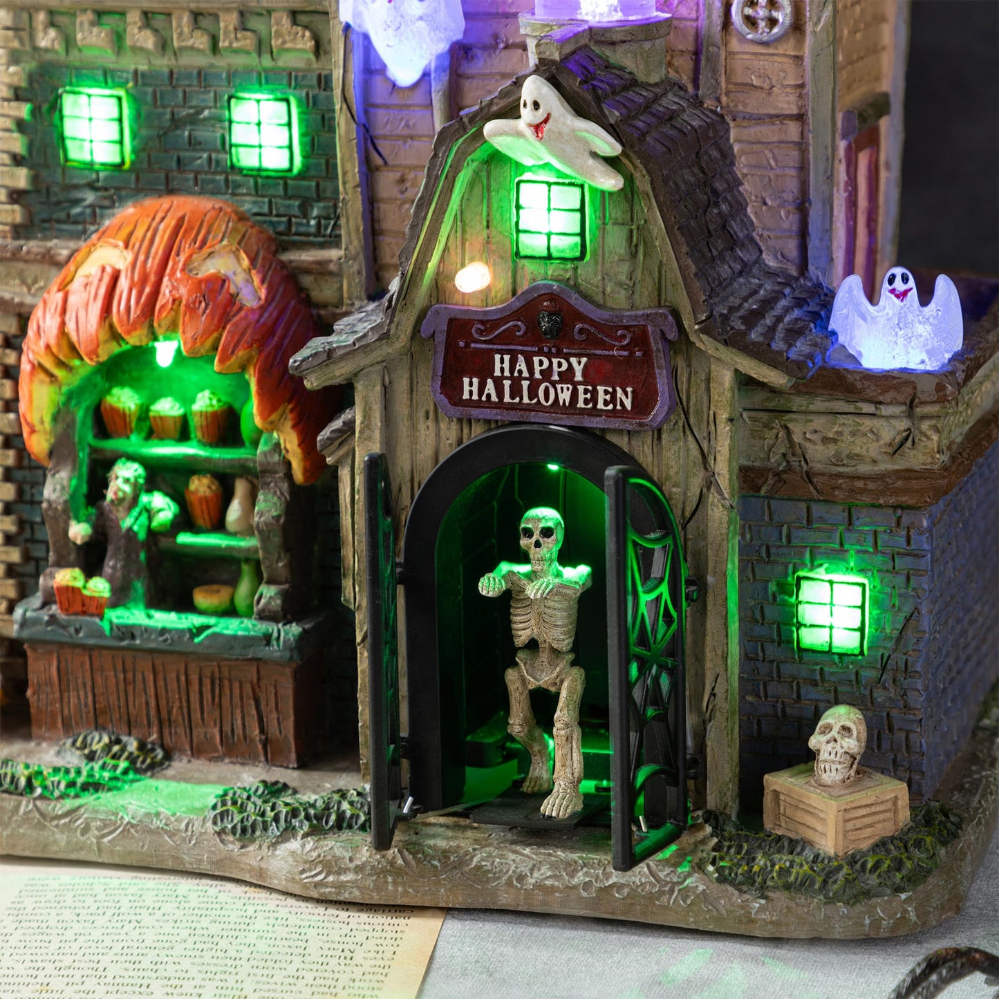 Glitzhome Halloween Decorations, 11" H Lighted Halloween Village Houses Decor with LED Lights, Resin Haunted Spooky Town for Home Party Table Desk Mantel Ornaments