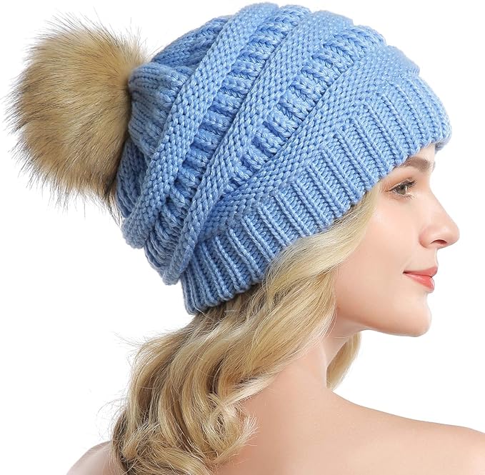 QUEENFUR Women Knit Slouchy Beanie Chunky Baggy Hat with Faux Fur Pompom Winter Soft Warm Ski Cap