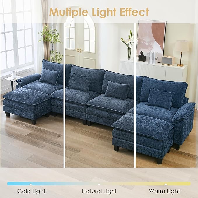 URRED Cloud Couch Modular Sectional Sofa, 157" Modern U Shaped Deep Seat Sofa with 2 Ottomans & Pillows, Ultra Comfy Chenille Couches for Living Room, Bedroom or Apartment, Blue