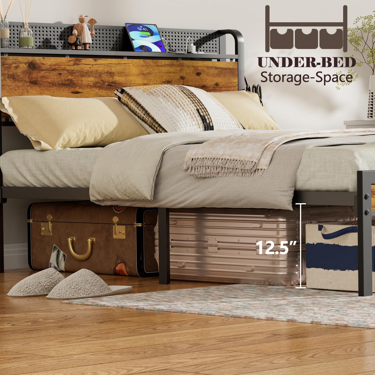 Furnulem Queen Bed Frame with Charging Station and LED Lights,Industrial Platform Beds Queen Size with Storage Headboard,USB Port,Rustic Wood and Strong Metal Support,No Box Spring Needed, Noise Free