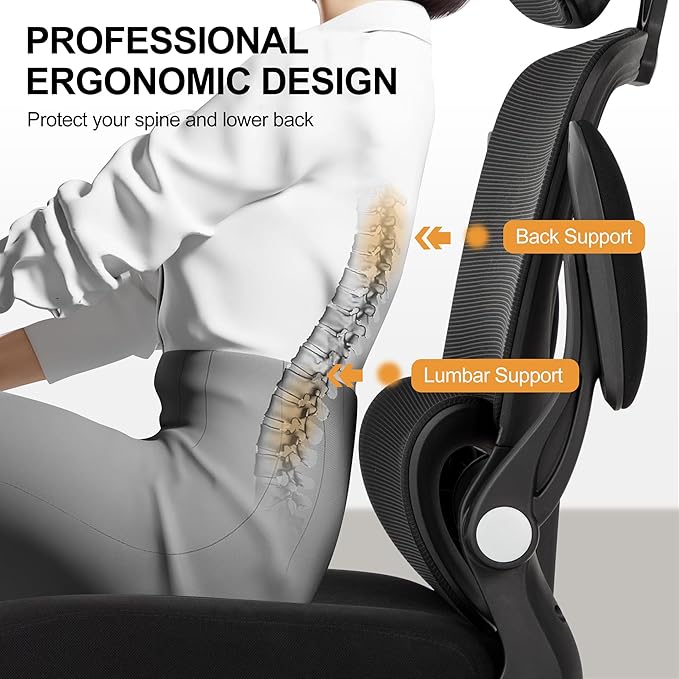BOWTHY Ergonomic Office Chair,Home Mesh Office Desk Chairs,High Back Chair 330 LBS,Swivel Computer Task Chair with Adjustable Lumbar Support,Up&Down Flip-Up Arms,Rocking Function (Black)