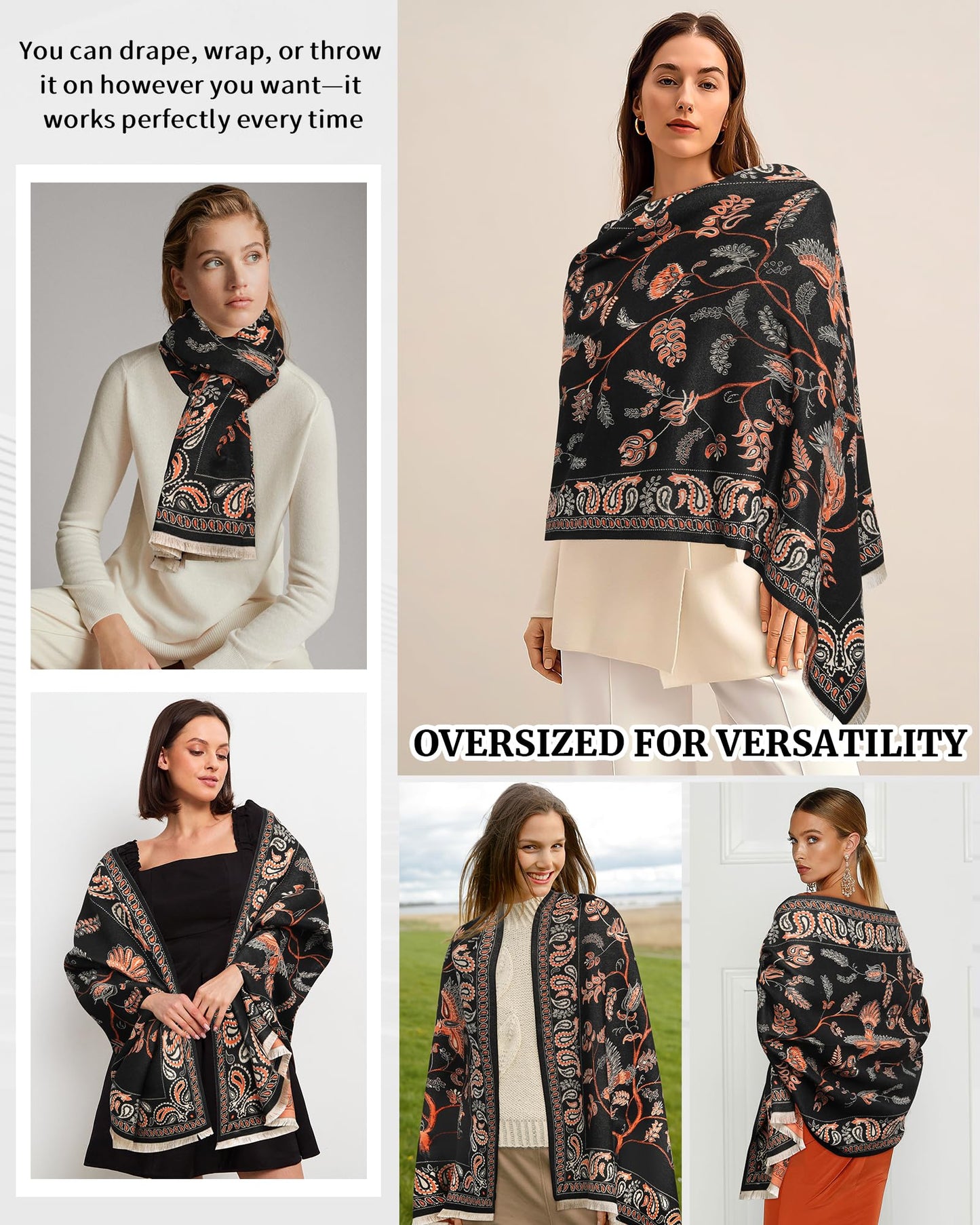 AWAYTR Pashmina Shawls Wraps for Women - Cashew Flower Winter Warm Big Scarf for Women Shawls and Wraps for Evening Dresses (Black)