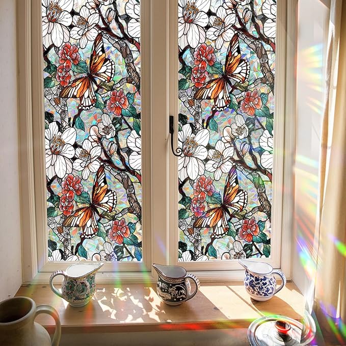 Stained Glass Window Film UV Resistant Window Privacy Film Butterfly Floral Privacy Rainbow Decals Living Room Bedroom Sun Blocking Decor Removable Static Cling Stickers 17 x 78.74 Inch