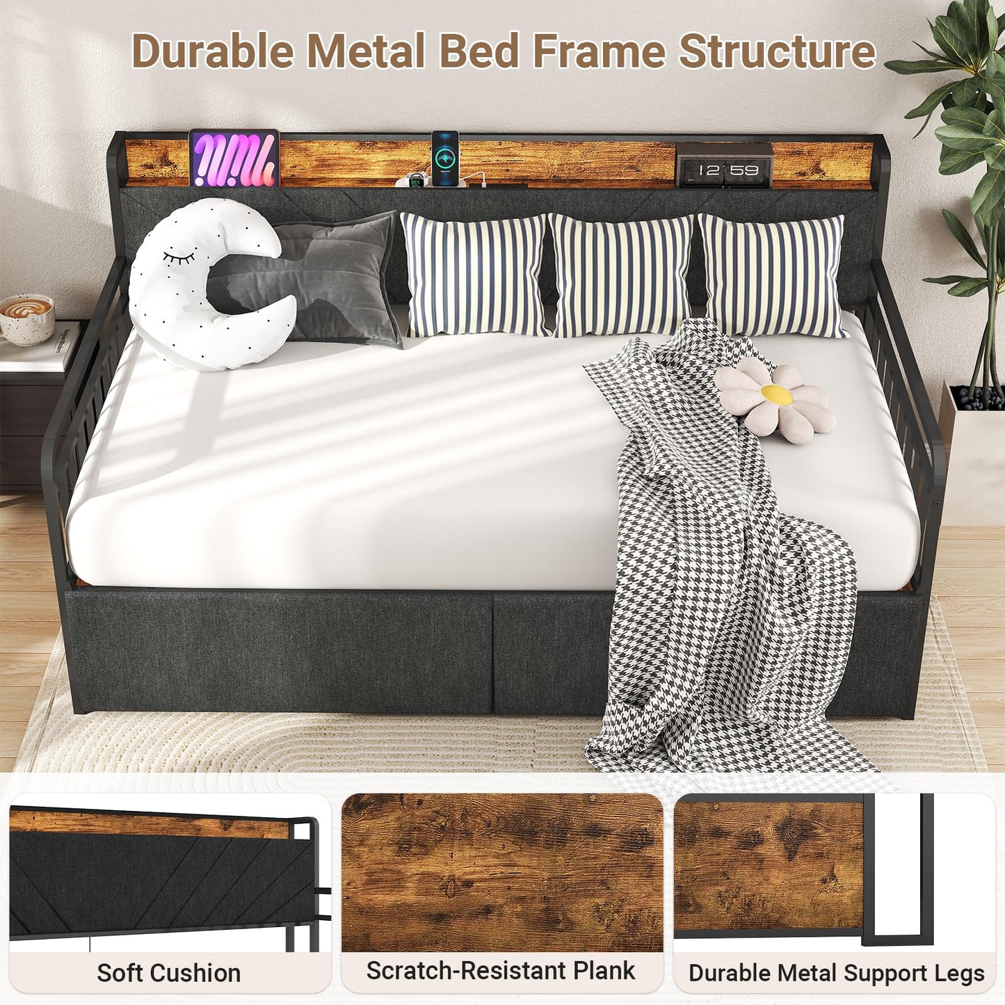 Zevemomo Twin Daybed with 2 Storage Drawers Charging Station LED Lights and Upholstered Headboard, Day Bed with Storage, Metal Bed Frame with Steel Slat Support for Living Room, Bedroom, Black