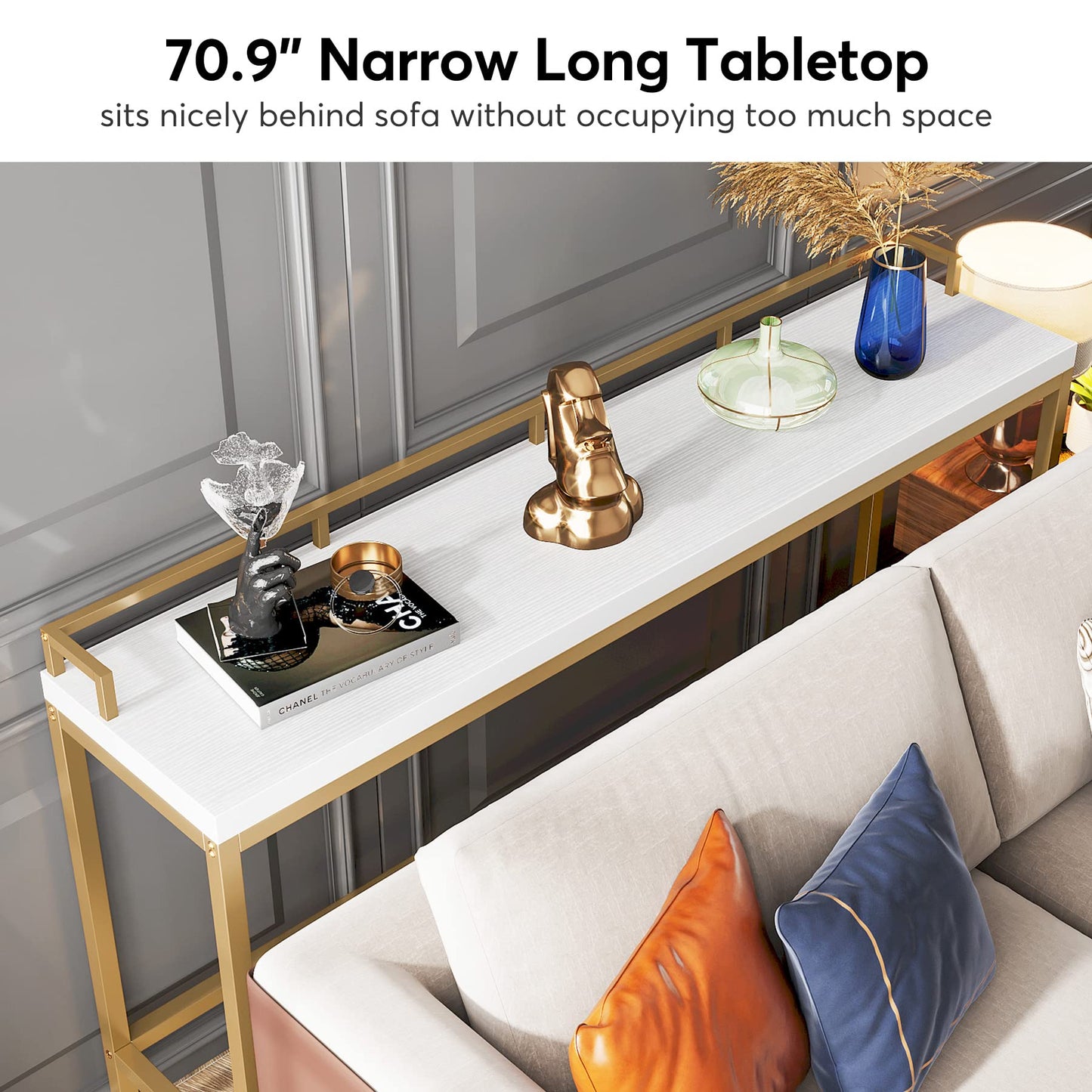 Tribesigns 70.9 inch Extra Long Sofa Table, Narrow Console Table Behind Couch, Modern Entryway Table Skinny Hallway Table for Living Room (White+Gold)