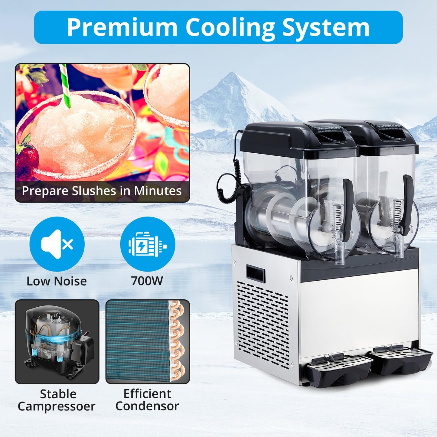 PeacefulHues Commercial Slushy Machine Frozen Drink Machine, Double Tank 12l 700w Stainless Steel, Margarita Wine Slush Smoothies Maker for Restaurant Bar Party