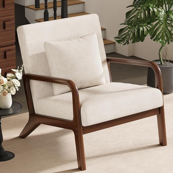 ELUCHANG Mid-Century Modern Chair,Accent Chair with Lumbar Pillow,Upholstered Armchair,Linen Fabric Comfy Reading Chair Beige, Linen, Set of 1