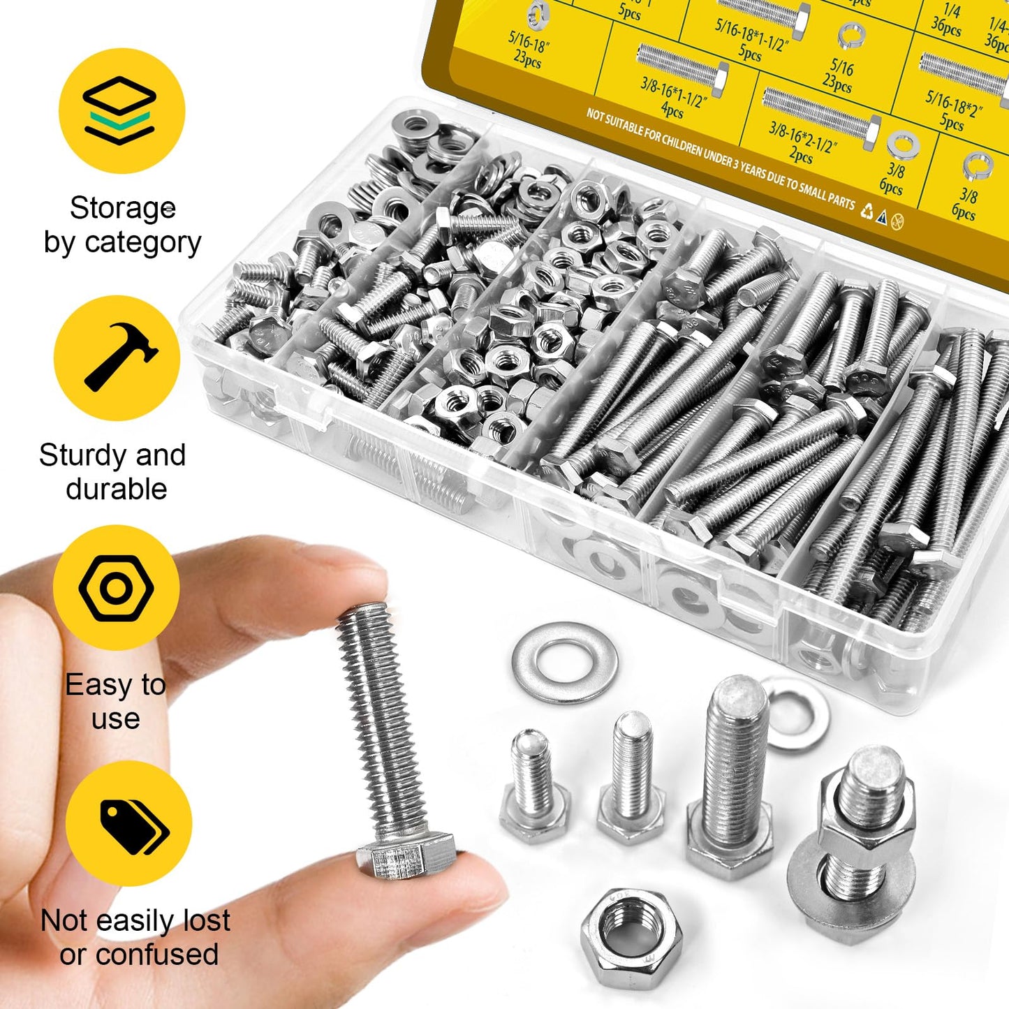 Fgruh 224PCS 1/4''-20 Hex Bolts and Nuts Assortment Kit,1/4-20 x 1/2'', 3/4'', 1'', 1-1/2'', 2'', 2-1/2'', 3'' SAE Stainless Steel Bolts Nuts and Washers Assorted Set, Fully Threaded