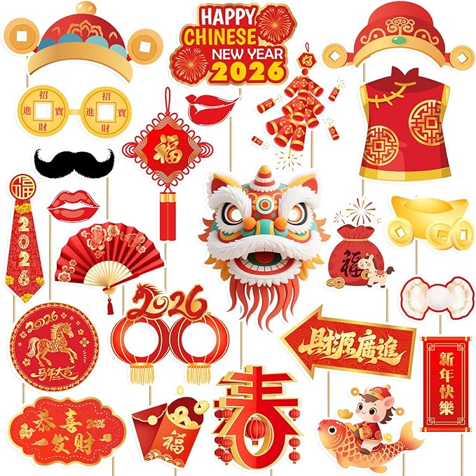 Happy Chinese New Year Photo Booth Props- 24Pcs 2026 Lunar New Year Photo Booth Props, 2026 Chinese New Years Party Suppli...