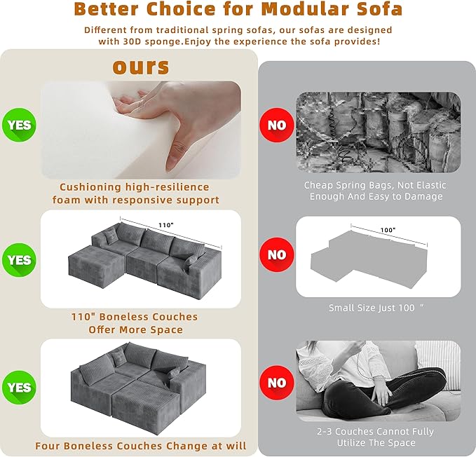 CABZOON 110" Cloud Couch Sectional for Living Room L-Shape Boneless Couches Modular Sectional Sofa with Deep Seat Plush with Chaise,No Assembly Required, Carbon Gray(Plush Corduroy Fabric)