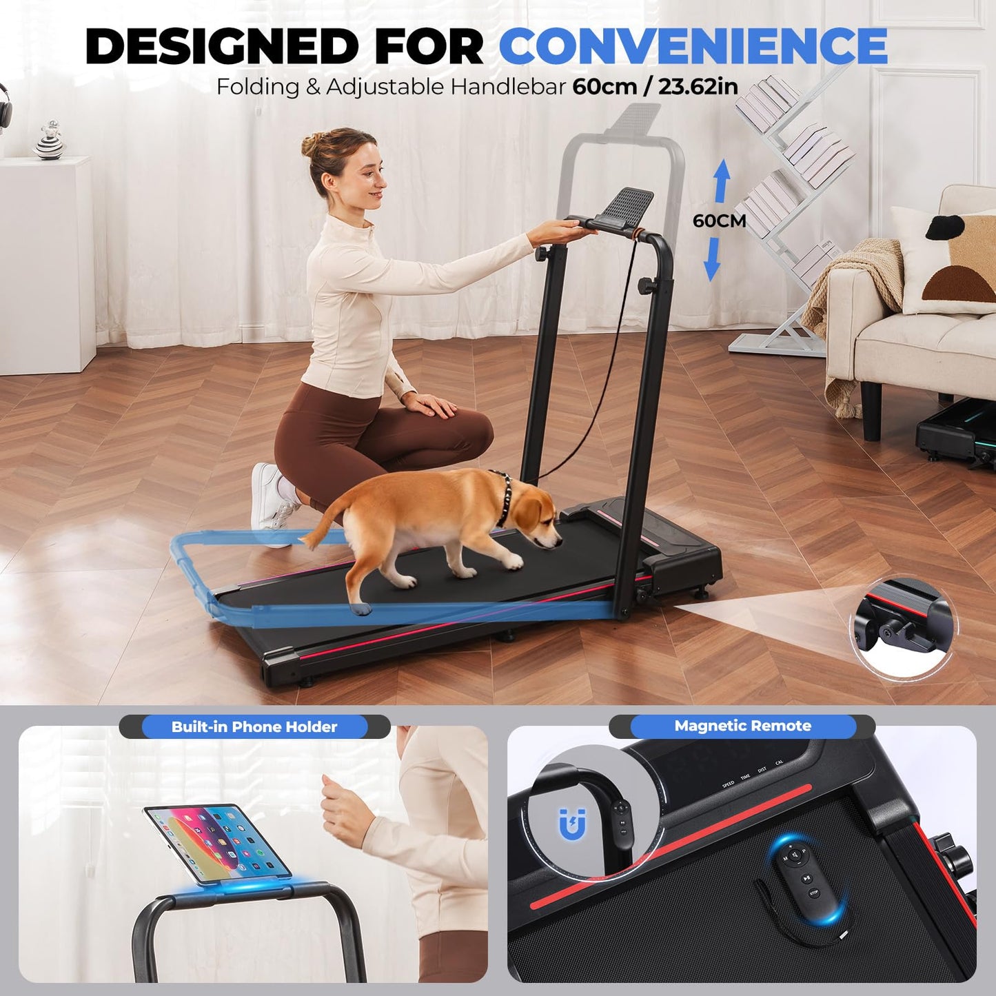 GTPLAYER Walking Pad Treadmill with Adjustable Height Handle Bar, 3HP Quiet Foldable Under Desk Treadmill, Portable Treadmills for Home 350LBS with Remote Control LED Display, Red