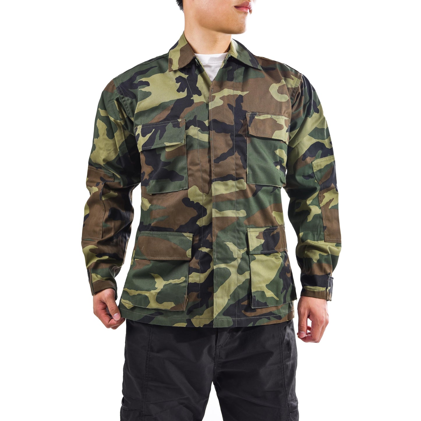 BACKBONE Mens Army Military Battle Dress Uniform BDU Shirt Camo Top Jacket (Woodland Camo,Size XL)