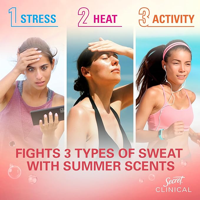 Secret Clinical Strength Antiperspirant Deodorant for Women, 3X Stress Protection, 72hr Sweat & Odor Protection, Pro-Hyaluronic Acid, Invisible Solid, Watermelon Summer Fizz Scent, 1.6 oz