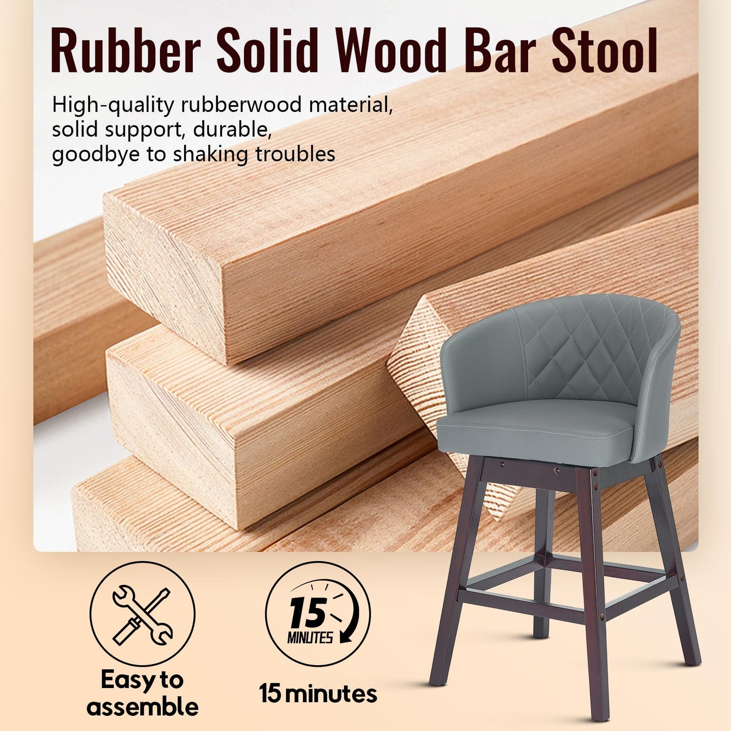 Swivel Counter Height Bar stools with Back,23" Seat Height PU Leather Upholstered Barstools,Mid Century Modern Bar Chairs for Kitchen,Island (LightGray, Set of 1)