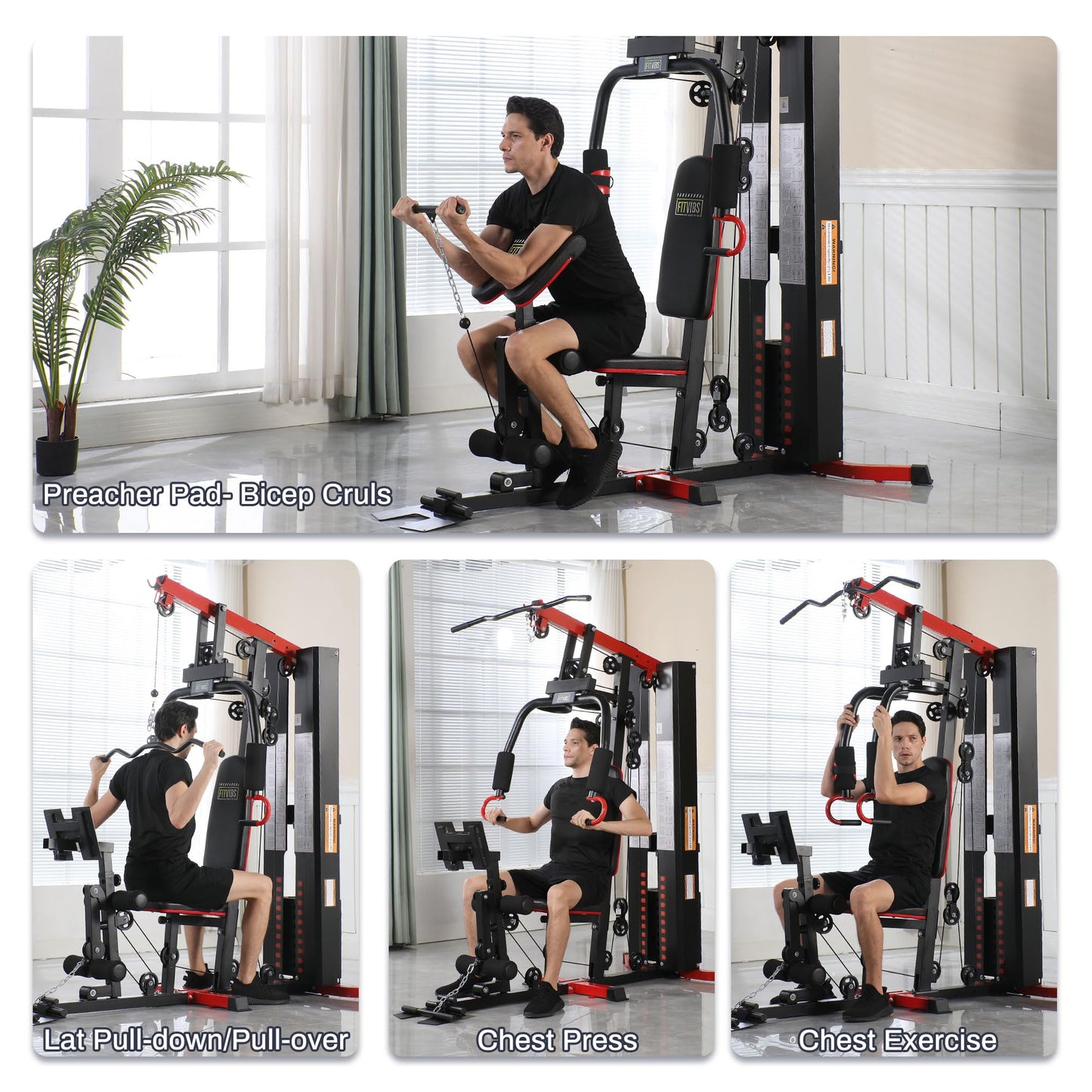 Fitvids Multifunctional Home Gym Equipment with 122.5 lbs Weight Stack, Full Body Workout Weight Machine Strength Training Exercise Equipment with Pulley System & Leg Press, All-in-One Workout Station