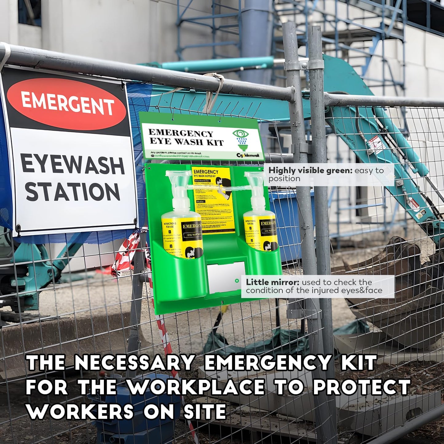 CGOLDENWALL Eye Wash Station Portable Emergency Eye Wash Kit, Wall Mounted Eyewash Station OSHA Approved, 2 * 16.9oz Bottles, with Mirror & Emergency Sign, Safety Material, NO Solution