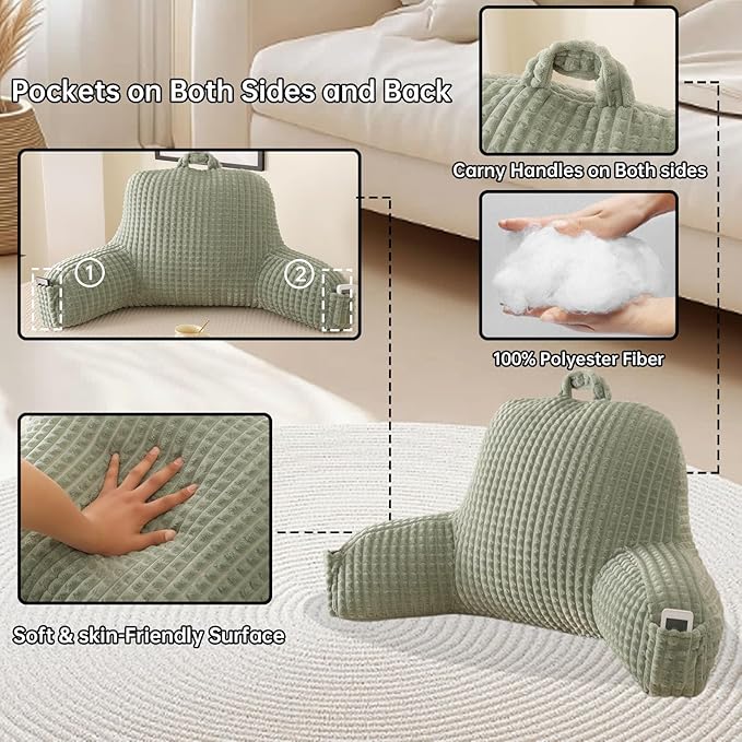 PAJEO Reading Pillow for Sitting in Bed, Large Backrest Reading Pillow with Arm Rest,Back-Rest Support Cushion for Sit Up on Couch, Sofa, and Floor, Dorm Essentials (Green Flannel, Standard(17inch))