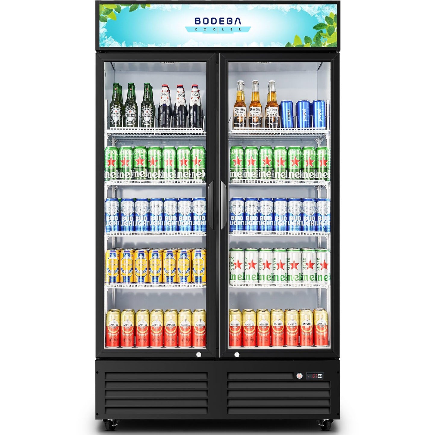 BODEGACOOLER Commercial Merchandiser Refrigerator,2 Glass Door Commercial Beverage Refrigerator, Beverage Display Cooler with Soft LED Light, Adjustable Shelves and 4 Strong Castors, 35.4 Cu. Ft,Black