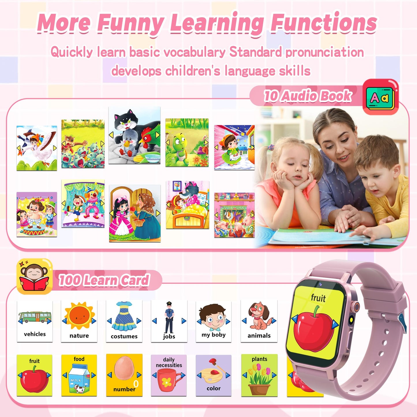 Kids Smart Watch Gifts for Girls Age 3-12, 32 Games HD Touch Screen Kids Watch with Camera Video Music Audiobook Pedometer Flashlight 12/24 hr Educational Toys Birthday Gift for Girls Ages 6 7 8 9 10