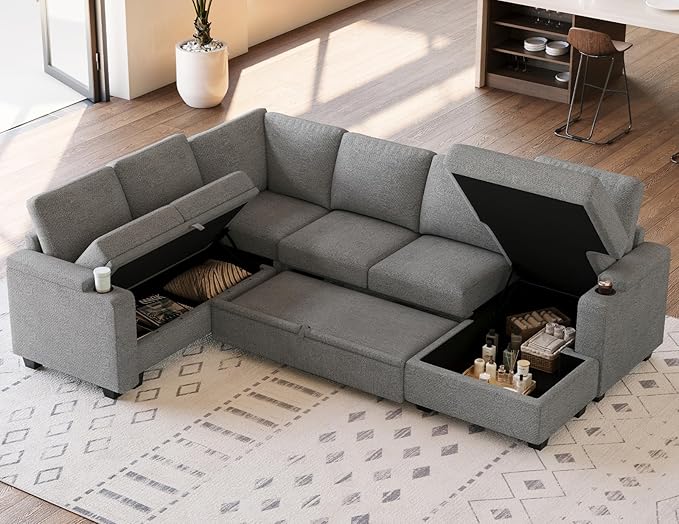 Belffin Sleeper Sofa Modular Sectional Pull Out Couch Bed U Shaped Sofa Couch for Living Room with Storage Chaise. Light Gery