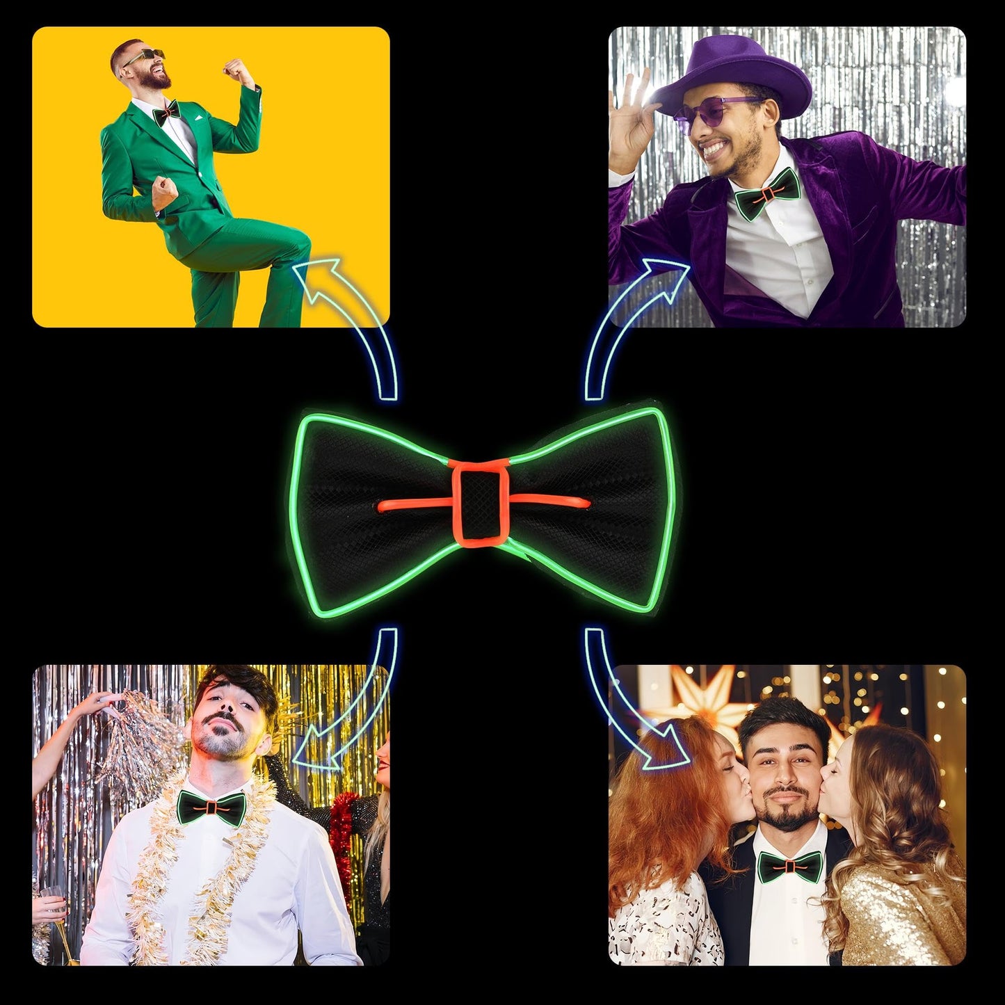 Oybete Light up BowTie For Masquerade parties Led Bow Tie For Men Women Rave Outfits Glow in The Dark Neon Accessories,Costume,Gifts (Green Red BowTie)
