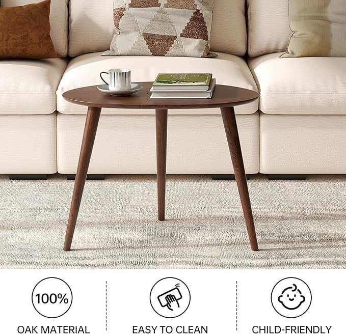 Vadisun Small Oval Coffee Table, 25.6'' Small Mid Century Modern End Table for Living Room, 100% Solid Oak Wood Side Table, Minimalist Display Center Table(Walnut Color, 25.59''Wx17.51''Dx19.68''H)