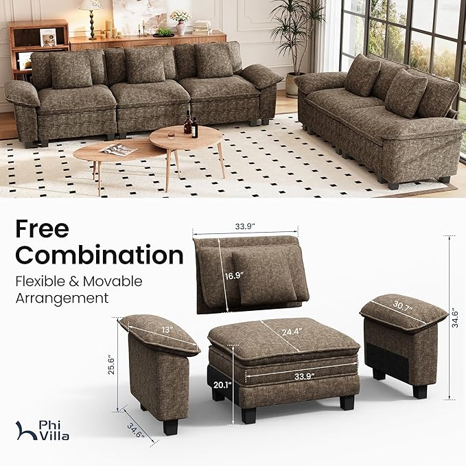 PHI VILLA Cloud Modular Couches Sets, 2 Pieces Comfy Sectional Sofa Set with Loveseat, 5-Seater Upholstered Couch for Living Room, Chenille Fabric, Taupe
