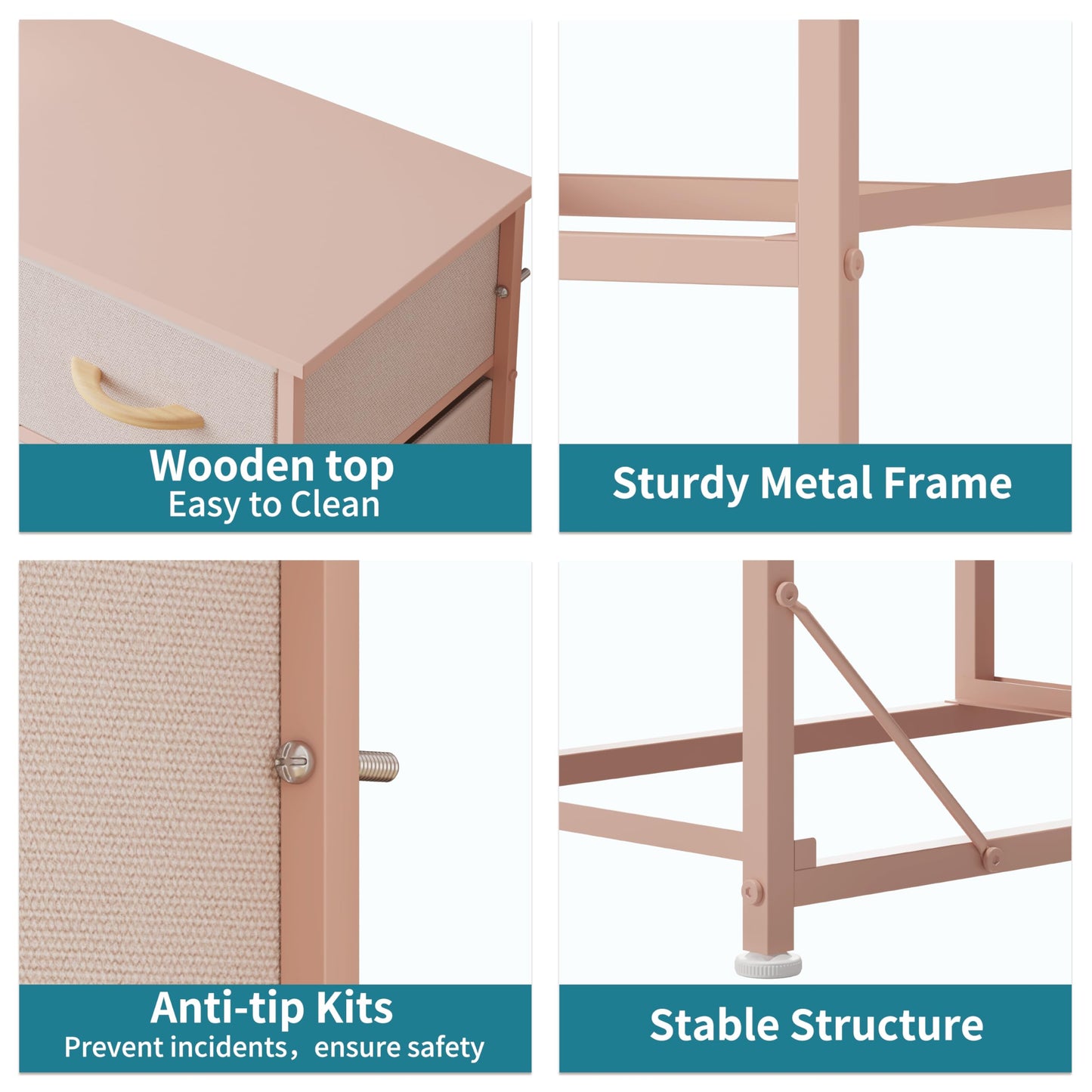 LUMTOK 10-Drawer Dresser, Fabric Storage Dressers Drawers for Bedroom, Hallway, Nursery, Closets, Steel Frame, Wood Top, Easy Pull Handle (Rose Gold)
