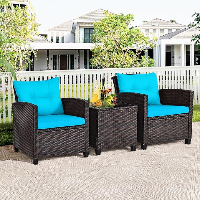 ORALNER 3 Pieces Patio Furniture Set, Outdoor Wicker Conversation Set Rattan Chairs with Cushions, Glass Coffee Table, Bistro Set for Front Porch Balcony Garden Deck Poolside (Turquoise)