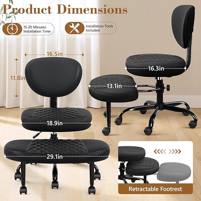 AtHope Ergonomic Cross Legged Office Chair with Wheels - Adjustable Height for Meditation, ADHD Desk & Yoga - Wide Criss Cross Design with Lumbar Support, Kneeling Chair - Upgraded Black
