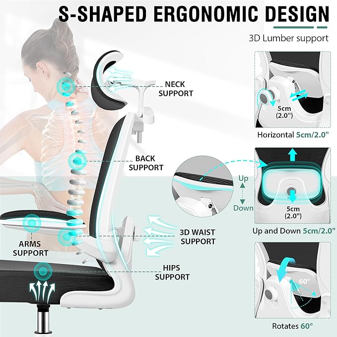Drafting Chair, Tall Office Chair with 3D Lumbar & Head Support, Ergonomic Mesh Standing Desk Chair with Footring, Comfy Extended High Desk Chair with Flip-Up Arms & Hanger,White