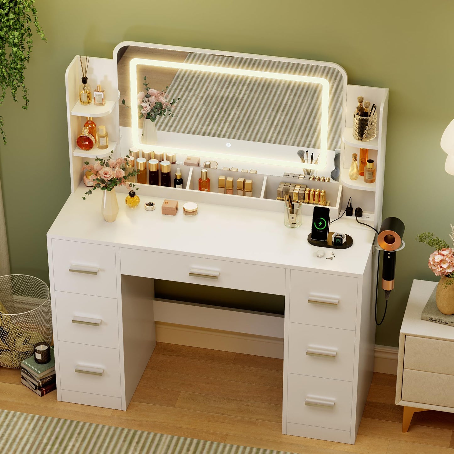 JUMMICO Makeup Vanity Desk with Large Mirror and LED Lights, Vanity with Power Strip and Hairdryer Holder, 6 Open Shelves and 7 Drawers Modern Dressing Table, for Bedroom (White)
