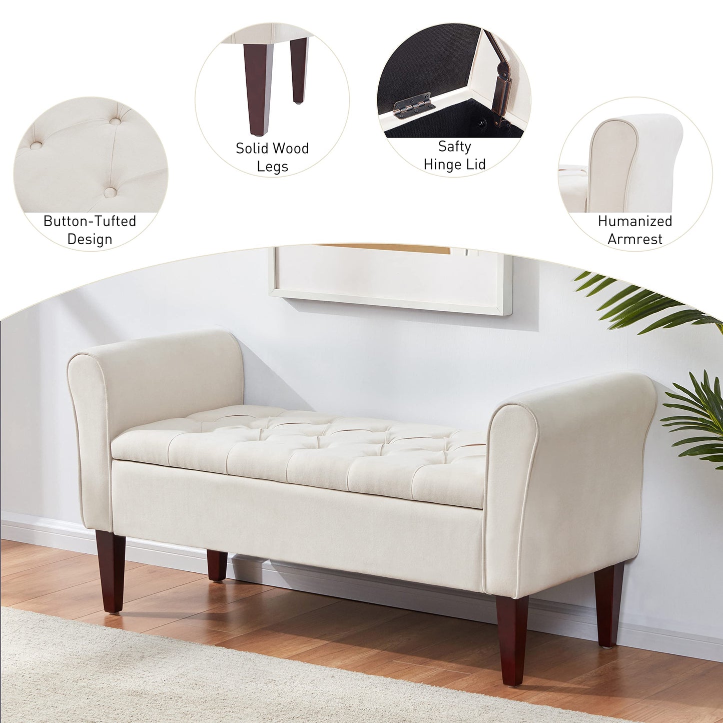 HUIMO 48" Arm Storage Ottoman with 7.5-inch Solid Wood Legs, Storage Bench, Upholstered Window Sitting Bench for Bedroom,End of Bed Bench Indoor, Livingroom, Entryway (Beige)