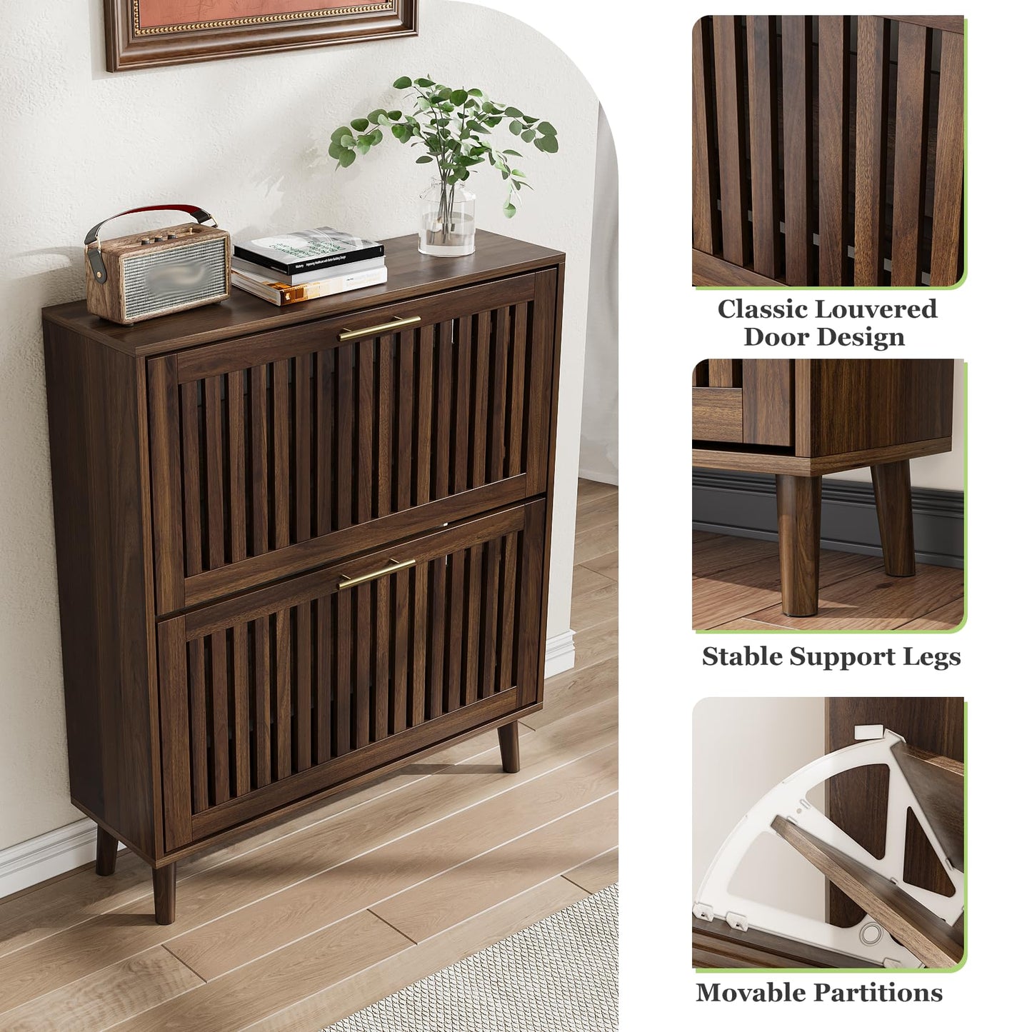 Shoe Cabinet, Shoe Storage Cabinet with Louvered 2 Flip Drawers, Narrow Shoe Cabinet Storage for Entryway, Freestanding Shoe Organizer Cabinet with Golden Handles, Slim Shoe Rack Cabinet (Walnut)
