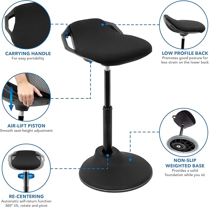 Mount-It! Ergonomic Sit Stand Stool, Height Adjustable Leaning Chair for Standing Desk, 360° Tilting Active Sitting Seat, High-Density Foam Cushion, Non-Slip Weighted Base, Easy Assembly (Black)