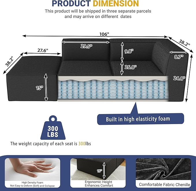 KOBY HOME 106" Sectional Compressed Sofa Modular Couches,High-Density Foam No Assembly Required,3-Piece(1xCorner 1xArmless 1xOttoman) for Living Room, Chenille Dark Gery