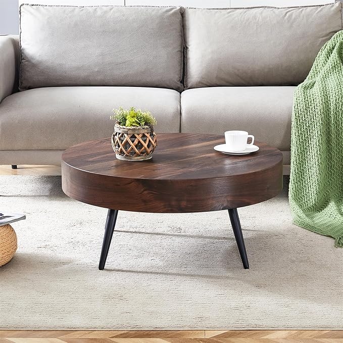 LKTART Coffee Table for Living Room, Round Wood Coffee Tables with Storage, Modern Metal Accent Center Tea Table for Apartment Small Space (31Inch-Walnut)