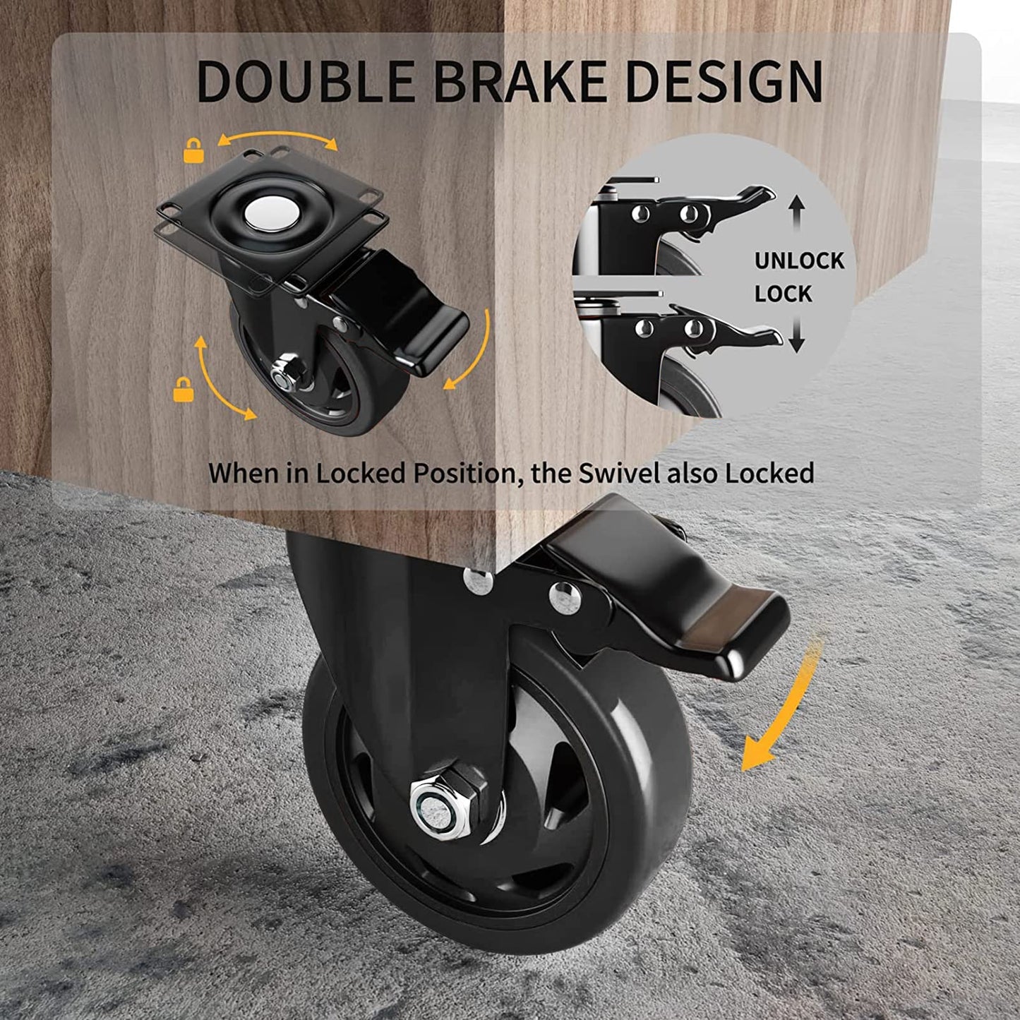 4 Inch Caster Wheels, Heavy Duty Casters Set of 4, Swivel Casters with Brake 2200 Lbs, Locking Industrial Top Plate Casters Wheels for Furniture and Workbench Cart(Two Hardware Kits Include)