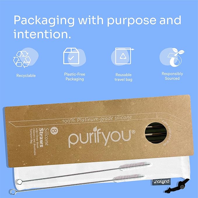 purifyou 14in Platinum Silicone Straws, Extra Long & Wide for 40oz Tumblers from Stanley, Reduce, Yeti & More, Reusable Smoothie Straws with Travel Case & 2 Cleaning Brushes (Set of 8, Black)
