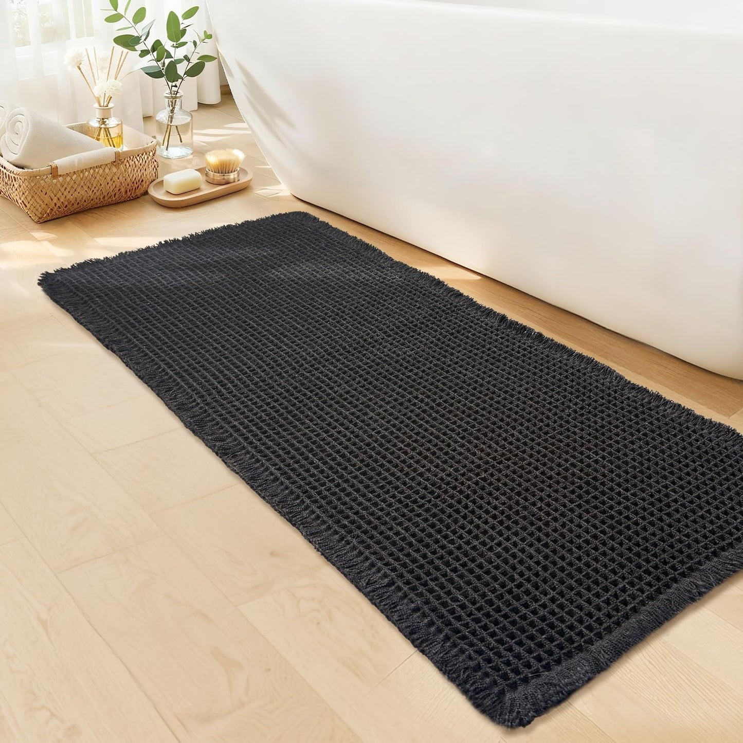 Black Bathroom Rug - Waffle Bath Mat Non Slip Washable, Super Absorbent & Quick Dry, Boho Bath Mat Farmhouse Bathroom Decor, 20'' x 48'', Black