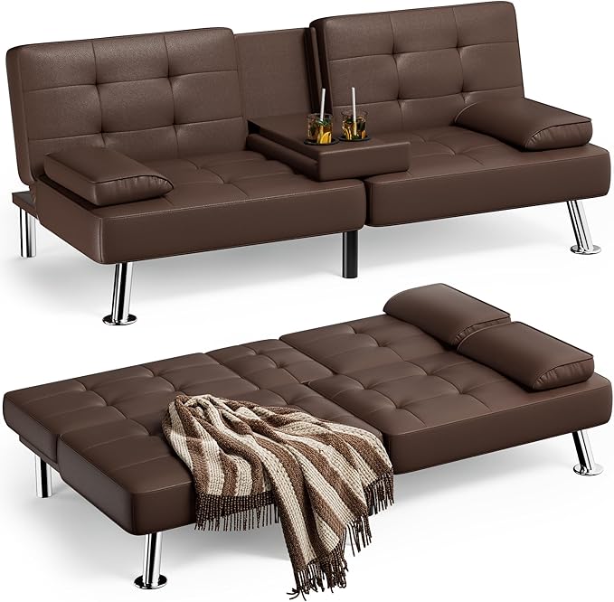 JUMMICO Faux Leather Futon Sofa Bed Futon Couch with Removable Armrests Adjustable Sleeper Sofa Bed with 2 Cup Holders for Living Room (PU Leather, Brown)