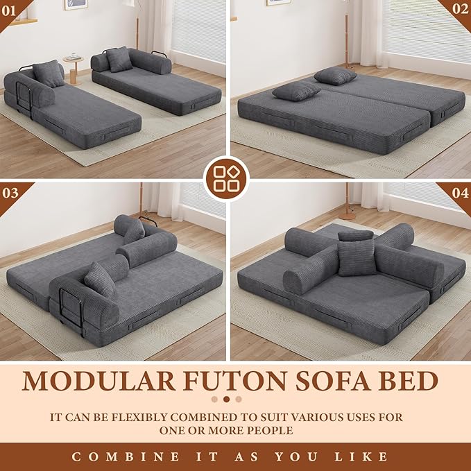77" Convertible Sofa Bed, Modular Folding Futon Corduroy Floor Foam Compressed Loveseat Sleeper Sofa Couch, Pull Out Queen Size Couch Bed with 2 Pillows for Living Room Guest Room Studio, Dark Grey