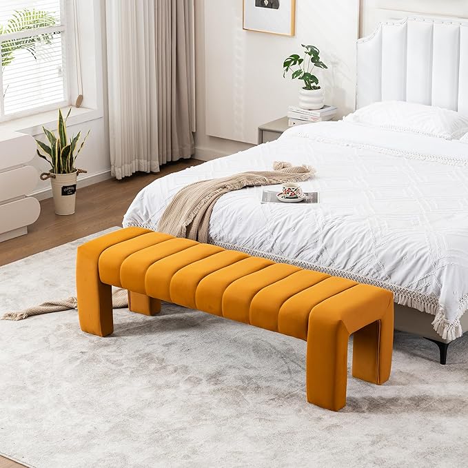 AIITTCC Velvet End of Bed Bench Upholstered Modern 59" Bedroom Bench for King Bed Bench Tufted Window Bench Comfy Long Ottoman for Living Room/Entry/Indoor (Brown, 59" Wide)